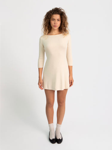 Oddli Knit 3/4 Sleeve Boatneck Dress - cream
