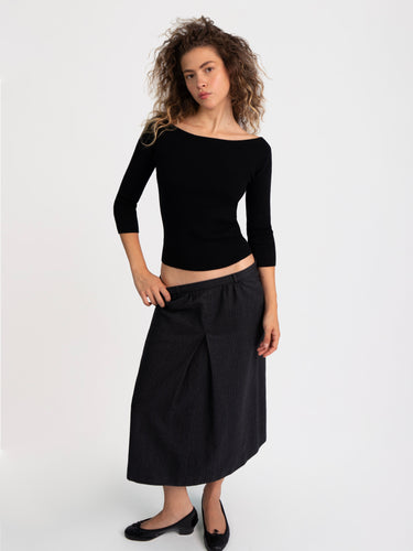Oddli Knit 3/4 Sleeve Boatneck Top - black