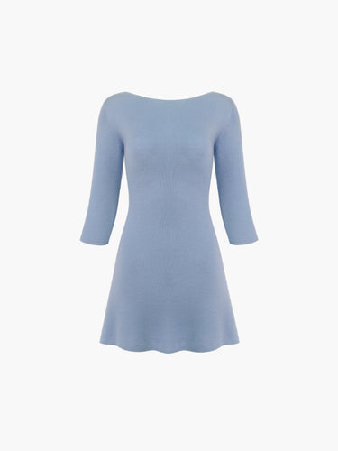 Oddli Knit 3/4 Sleeve Boat Neck Dress - light blue