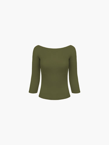 Oddli Knit 3/4 Sleeve Boat Neck Top - green