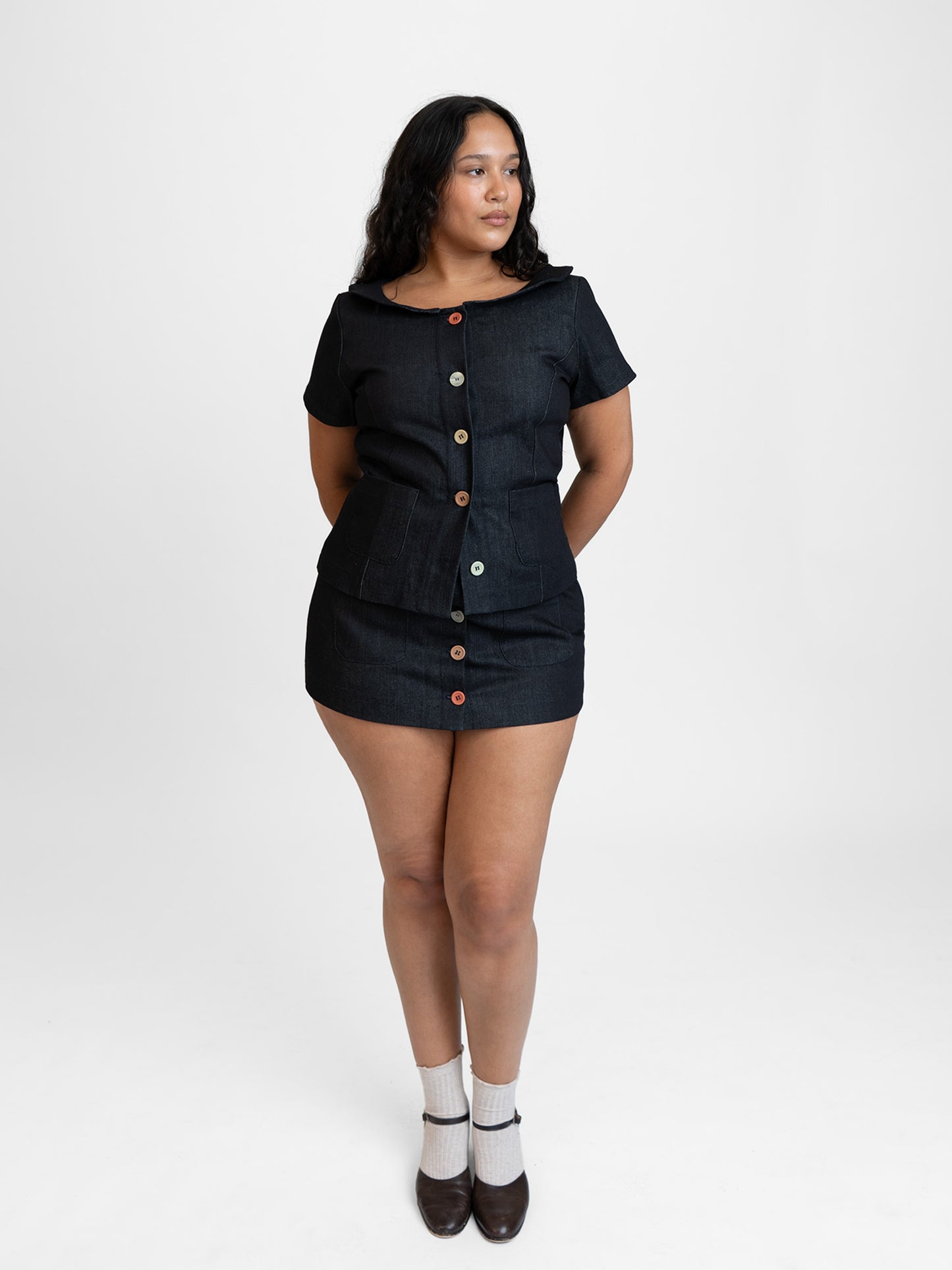 Button Suit Mini Skirt in Denim (preorder)