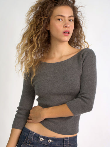 Oddli Knit 3/4 Sleeve Boatneck Top - grey