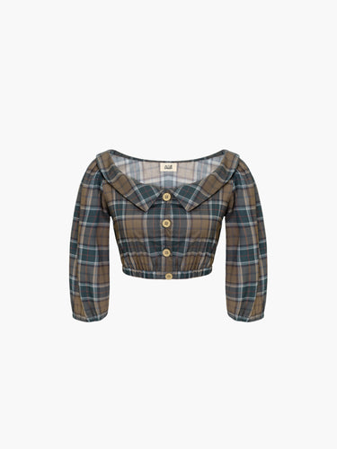 Oddli Plaid Cropped Blouse - dark green plaid