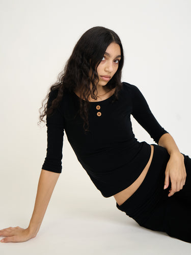 Oddli 3/4 Sleeve Boat Neck Top - black