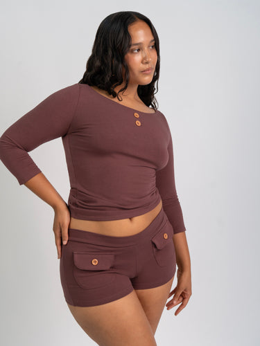 Oddli 3/4 Sleeve Boat Neck Top - mauve