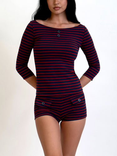 Oddli 3/4 Sleeve Boat Neck Top - navy and red stripe