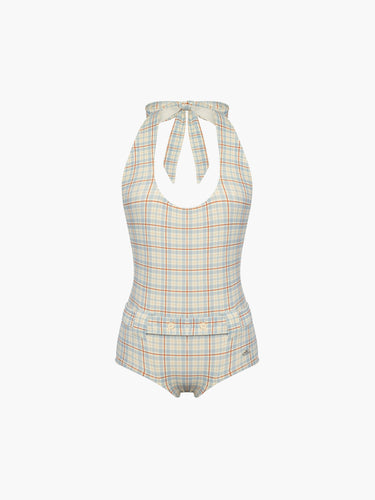 Oddli Halter One Piece - cream plaid