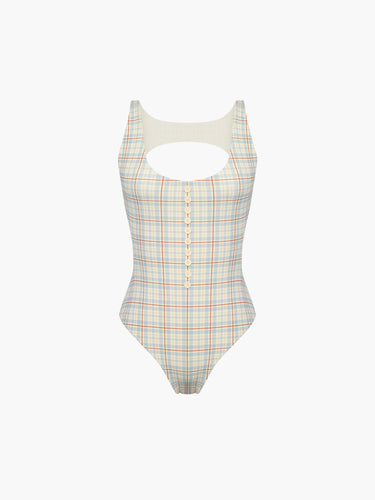 Oddli Button One Piece - cream plaid