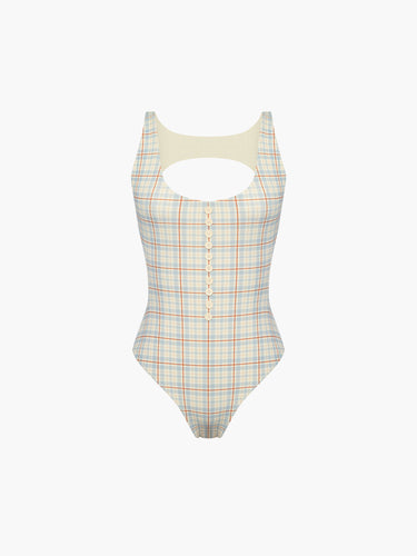 Oddli Button One Piece - cream plaid