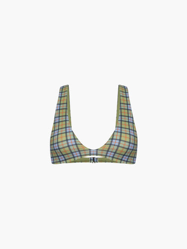 Oddli Scoop Neck Bikini Top - blue green plaid
