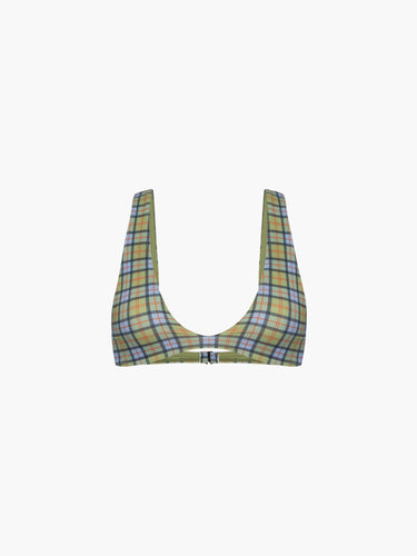 Oddli Scoop Neck Bikini Top - blue green plaid