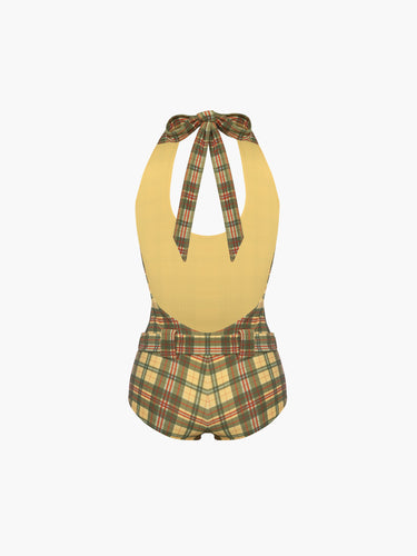 Oddli Halter One Piece - yellow green plaid